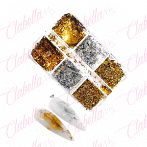 Decoración papel metálico tipo flake oro y plata, para uñas en estuche con 6 divisiones por pieza