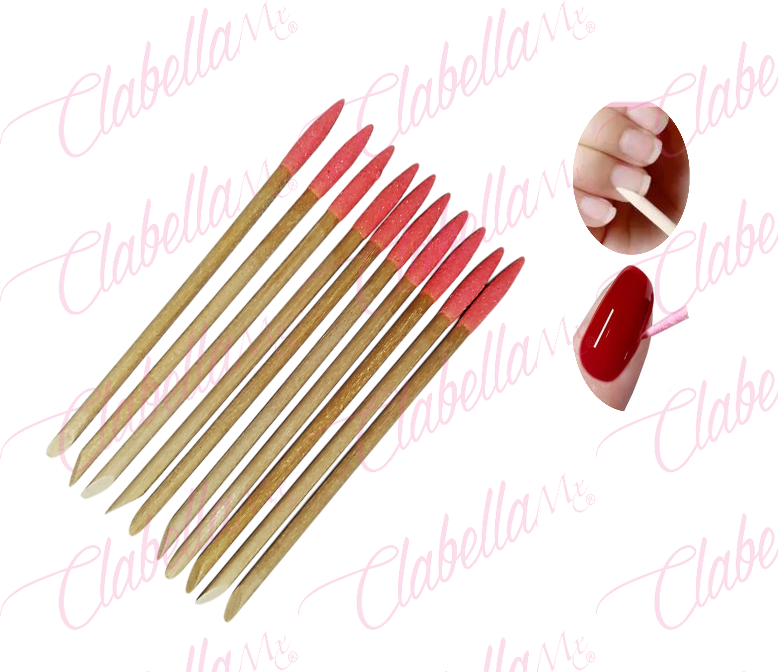 Empujador de cutícula - palos de naranjo de madera con limpiador de residuos y lima de 180, para uñas manicure aprox 8cm 10 PIEZAS por paquete, surtido