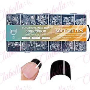Tips CORTO soft gel ALMENDRA TIPO 3 con sonrisa transparente, flexible y resistente para uñas en ESTUCHE con 600 piezas MG-W030