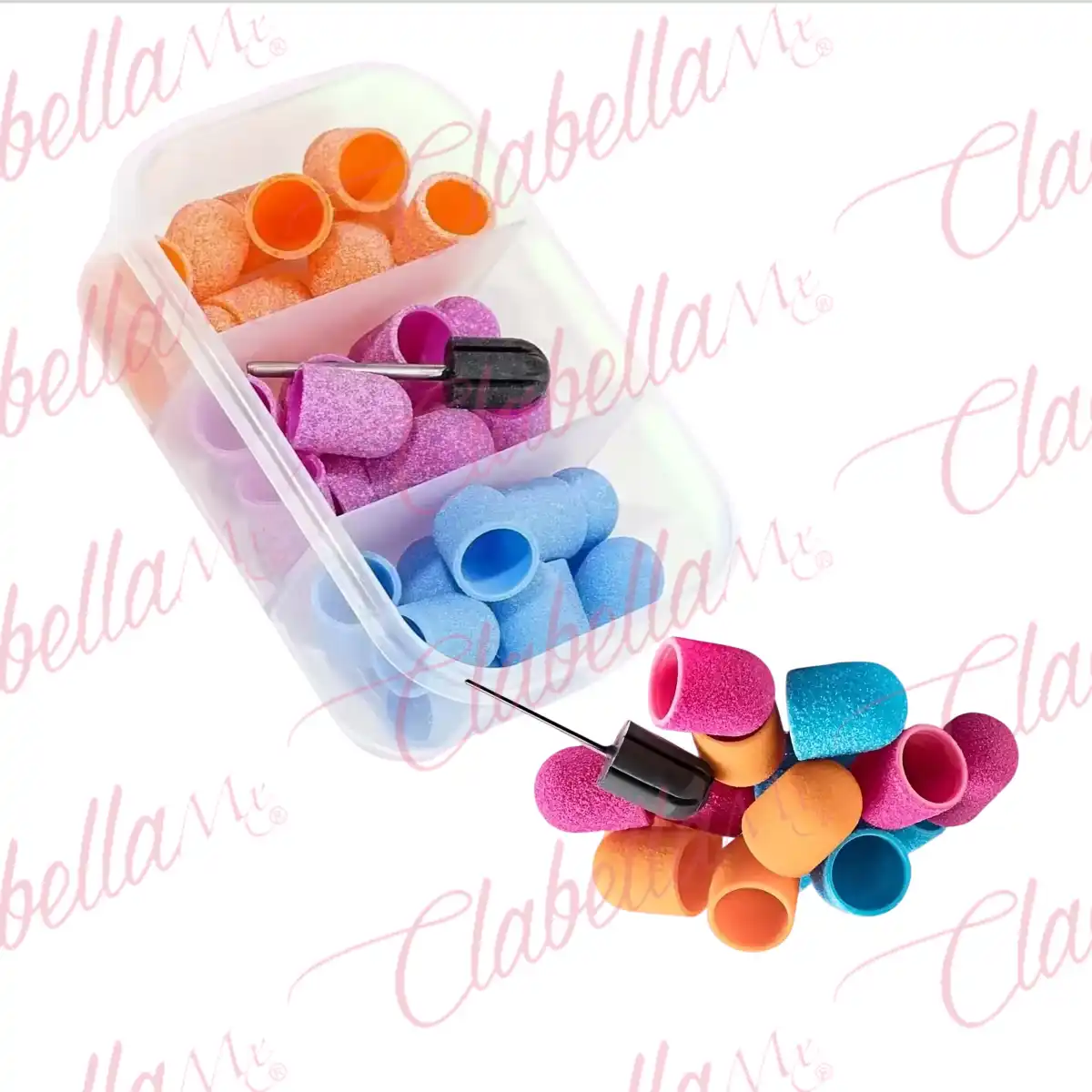 Limas de tambor- barrilito y una punta porta tambor para uñas, 3 granos diferentes 80, 120,180 con 10 piezas de cada medida, total 31 piezas, en estuche con 3 divisiones para pedicure, surtido