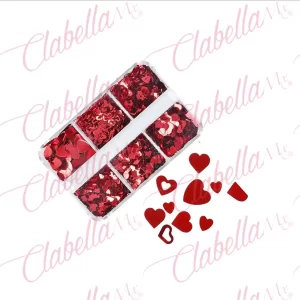Decoración ROJA SAN VALENTIN CORAZONES de acetato para uñas en estuche pastillero de 5x8cm con 6 divisiones y tapa individual