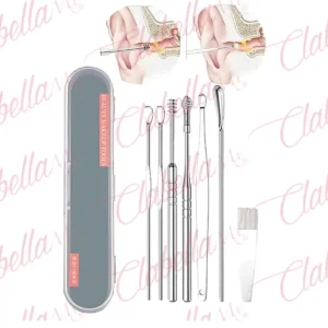 Set limpiador de OIDO de acero inoxidable incluye:1 púa de oreja de resorte, 1 púa de oreja en espiral, 1 cuchara de oreja larga, 1 cepillo de limpieza, 2 ganchos para orejas de mango fino, 1 ganchos para orejas de mango ancho, estuche con 7 piezas
