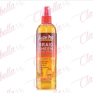 Spray 8 en 1 SALON PRO con formula de aceite de argán, aporta brillo y ayuda aliviar el picazón y calmar el cuero cabelludo seco para cabello natural y sintético aprox 355ml por pieza