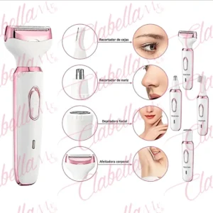 Maquina afeitadora - depiladora eléctrica 4 en 1, incluye cuatro cabezales intercambiables. Recortador de cejas: Permite delinear y dar forma con precisión. Recortador de nariz: Diseñado para eliminar el vello nasal sin tirones. Depiladora facial: Ideal para remover el vello fino del rostro. Afeitadora corporal: Sirve para rasurar piernas, axilas y la línea del bikini, recargable por USB, por pieza, surtido